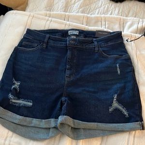 Denim high-rise midi short with a little distressing.